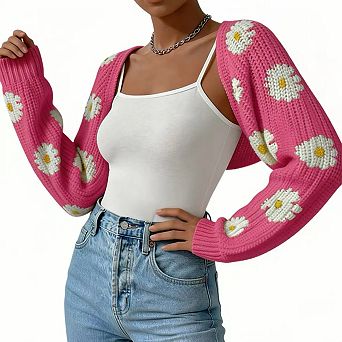 Women's Casual Floral Short Cardigan, Cropped Open Front Knit Sweater Lightweight Boho Layering Top