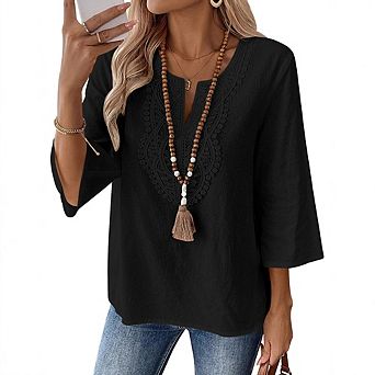 Women 3/4 Sleeve Tops Cotton Linen Shirts V Neck Lace Casual Loose Fit Blouses Boho Fashion