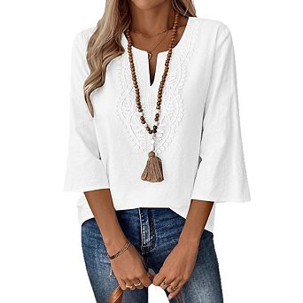 Women 3/4 Sleeve Tops Cotton Linen Shirts V Neck Lace Casual Loose Fit Blouses Boho Fashion