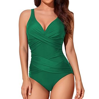 Women's One Piece Swimsuit V-Neck Wrap Front Ruched Tummy Control Adjustable Straps for Beach Pool
