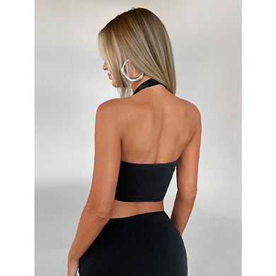 Women's Halter Top V Neck Sleeveless Split Hem Backless Crop Tops