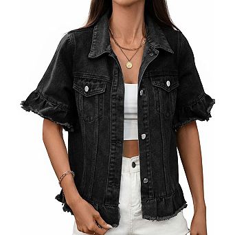 Women's Trendy Fringe Hem Short Sleeve Denim Jacket