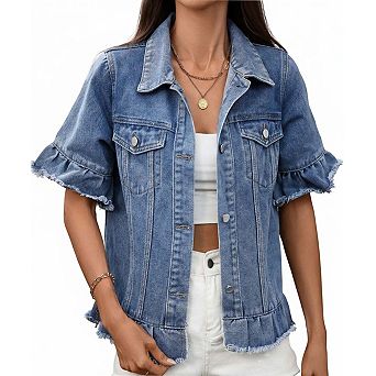 Women's Trendy Fringe Hem Short Sleeve Denim Jacket