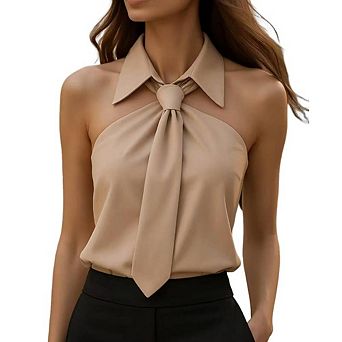 Women's Halter Neck Blouse Sleeveless Tie Collar Accent Back Zipper Causal Y2K Tops