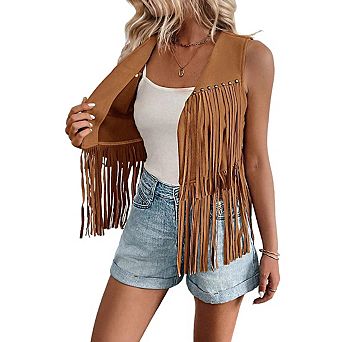 Women's Sleeveless Faux Suede Fringe Vest with Studded Trim and Open Front Top