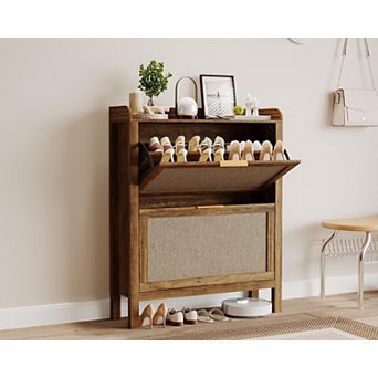 Farmhouse Rattan Shoe Cabinet, 32 Inch Narrow Shoe Storage
