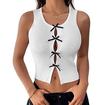 Women's Rib Knit Bow Front Tank Top, Cutout Sleeveless Cropped Knit Vest