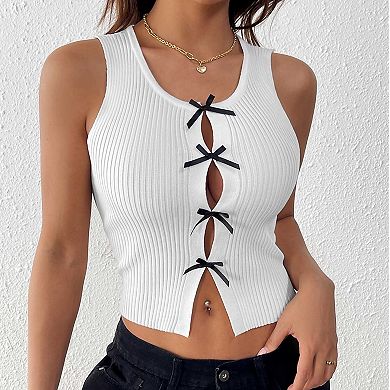Women's Rib Knit Bow Front Tank Top, Cutout Sleeveless Cropped Knit Vest