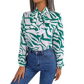 Lady Color Block Striped Lace-up Lantern Sleeve Chiffon Top Casual Loose Shirt Top Commute Daily Top