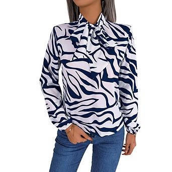 Lady Color Block Striped Lace-up Lantern Sleeve Chiffon Top Casual Loose Shirt Top Commute Daily Top