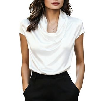 Women Dressy Casual Tops Summer Cowl Neck Short Sleeve Blouses Spring Business Work Office Shirts