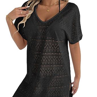Women's Crochet V Neck Bathing Suit Cover Up Backless Hollow Out Short Sleeve Beach Dress
