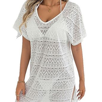 Women's Crochet V Neck Bathing Suit Cover Up Backless Hollow Out Short Sleeve Beach Dress
