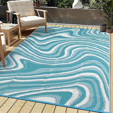Outdoor Plastic Straw Rug Modern Striped, Easy Clean Collapsible Patio Mat Portable Low Pile Carpet