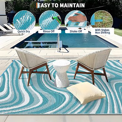 Outdoor Plastic Straw Rug Modern Striped, Easy Clean Collapsible Patio Mat Portable Low Pile Carpet