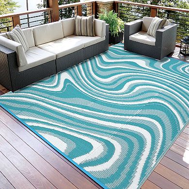 Outdoor Plastic Straw Rug Modern Striped, Easy Clean Collapsible Patio Mat Portable Low Pile Carpet