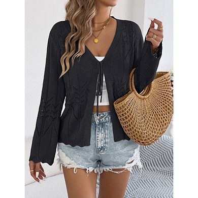 Women's Crochet Cardigans Long Sleeve Tie Front Bow Hollow Out Knit Vacation Cardigan Sweaters