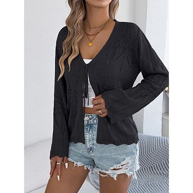 Women's Crochet Cardigans Long Sleeve Tie Front Bow Hollow Out Knit Vacation Cardigan Sweaters
