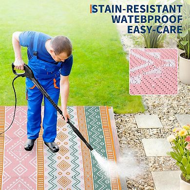 Waterproof Outdoor Rug Geometric Patio Carpet, UV Resistant, Easy Clean, Lightweight Durable Mat