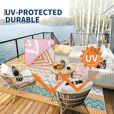 Waterproof Outdoor Rug Geometric Patio Carpet, UV Resistant, Easy Clean, Lightweight Durable Mat