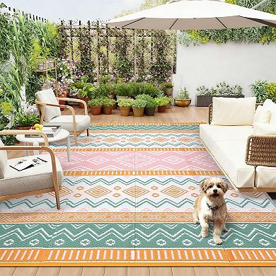 Waterproof Outdoor Rug Geometric Patio Carpet, UV Resistant, Easy Clean, Lightweight Durable Mat