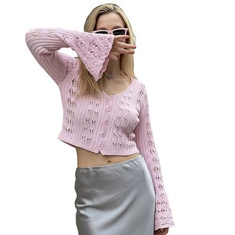 Women Hollow Out Knit Long Sleeve Cardigan Fashion Cuff Design Top Button Down Versatile Cropped Top