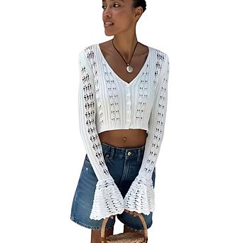 Women Hollow Out Knit Long Sleeve Cardigan Fashion Cuff Design Top Button Down Versatile Cropped Top