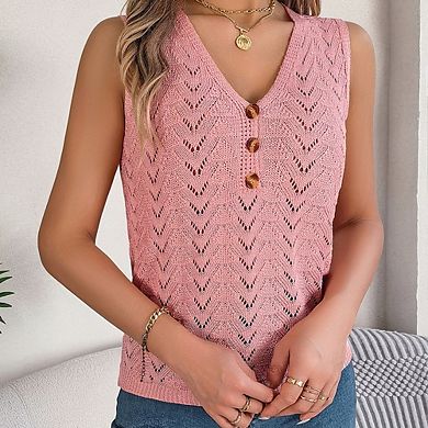 Women's V-Neck Decorative Button Top Hollow Sleeveless Knit Top Casual Versatile Pullover for Daily