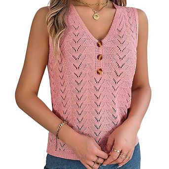 Women's V-Neck Decorative Button Top Hollow Sleeveless Knit Top Casual Versatile Pullover for Daily