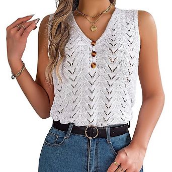 Women's V-Neck Decorative Button Top Hollow Sleeveless Knit Top Casual Versatile Pullover for Daily