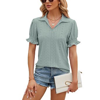 Womens Summer Business Casual Blouses V-neck Collared Short Sleeve Shirts Hollow Out Tops
