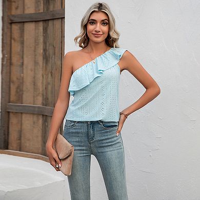 Women's One Shoulder Tops Ruffled Solid Shirts Sleeveless Loose Tank Top