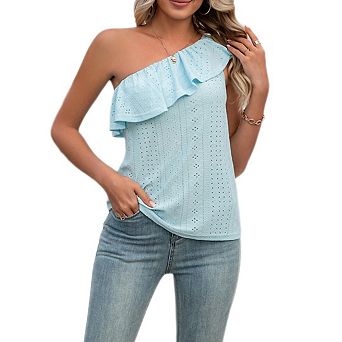 Women's One Shoulder Tops Ruffled Solid Shirts Sleeveless Loose Tank Top