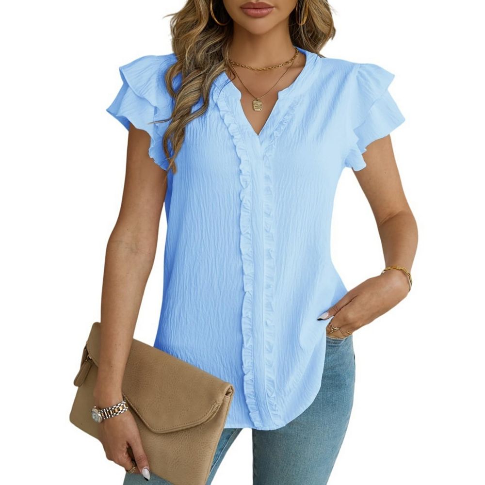 Women's Dressy Casual Shirts Short Sleeve V Neck Ruffle Work Blouse ...