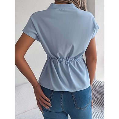 Women's Button Down Short Sleeve Blouses Casual Peplum Tops Dressy Chiffon Work Blouse