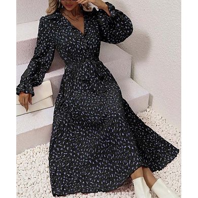 Women's Tie-Waist Pleated Long Sleeve Maxi Gown