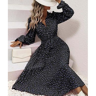 Women's Tie-Waist Pleated Long Sleeve Maxi Gown