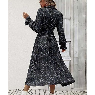 Women's Tie-Waist Pleated Long Sleeve Maxi Gown