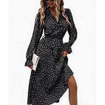 Women's Tie-Waist Pleated Long Sleeve Maxi Gown