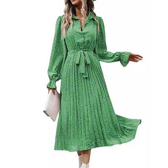Women's Tie-Waist Pleated Long Sleeve Maxi Gown