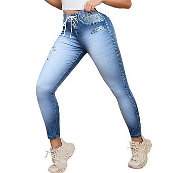 Women's Faux Denim Print Yoga Leggings with Drawstring Elastic Waist