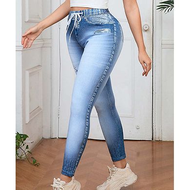 Women's Faux Denim Print Yoga Leggings with Drawstring Elastic Waist