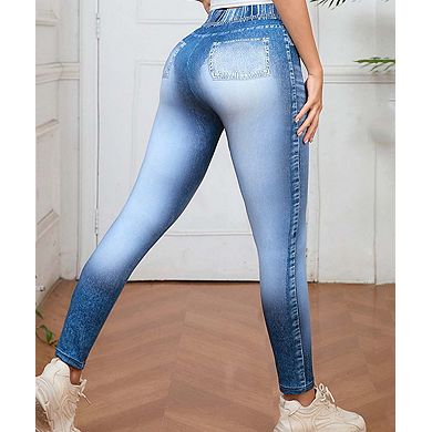 Women's Faux Denim Print Yoga Leggings with Drawstring Elastic Waist