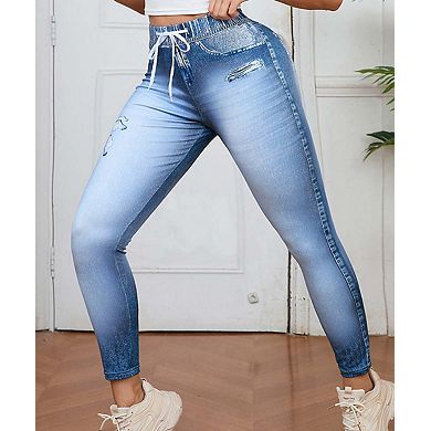 Women's Faux Denim Print Yoga Leggings with Drawstring Elastic Waist