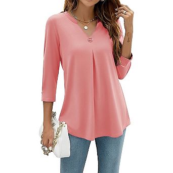 3/4 Length Sleeve Womens Tops V-Neck Blouses Dressy Casual Flowy Shirts Business Tops