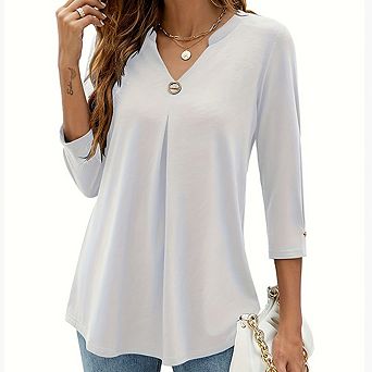 3/4 Length Sleeve Womens Tops V-Neck Blouses Dressy Casual Flowy Shirts Business Tops