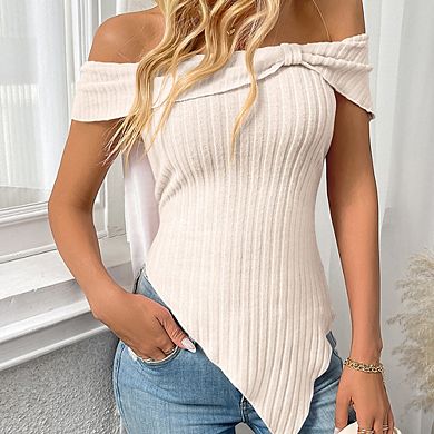 Women Cute Bow Off Shoulder Knitted Sweater Shirt Tops Side Slit Pullover Trendy Y2k Short Tops