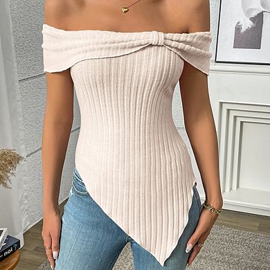 Women Cute Bow Off Shoulder Knitted Sweater Shirt Tops Side Slit Pullover Trendy Y2k Short Tops