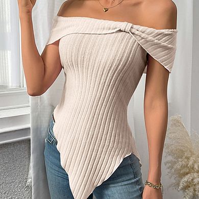 Women Cute Bow Off Shoulder Knitted Sweater Shirt Tops Side Slit Pullover Trendy Y2k Short Tops