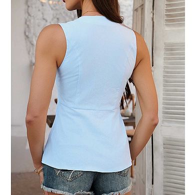 Women's Sleeveless Button Down Vest Top, V-Neck Pocketed Casual Blouse for Vacation
